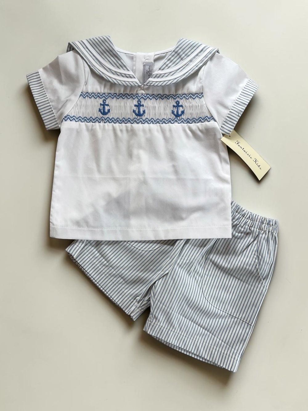 FANTAISIE KIDS NWT Hand Smocked Anchor Nautical Stripes Sailor Style Set